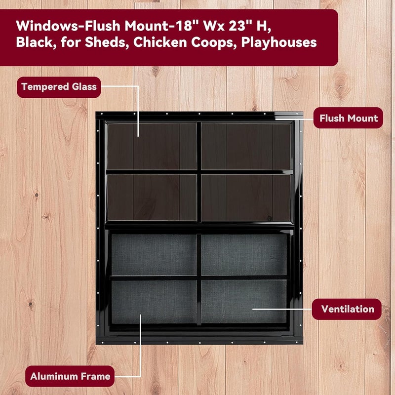 Shineforu 18" x 23" Black Shed Windows 2 Pack,Small Windows with Tempered Glass - Flush Mount | Ultimate Choice for Chicken Coop, Greenhouse, Garage, Playhouse - Image 4